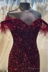 Burgundy Sequin Feather Off-the-Shoulder Mermaid Long Prom Gown